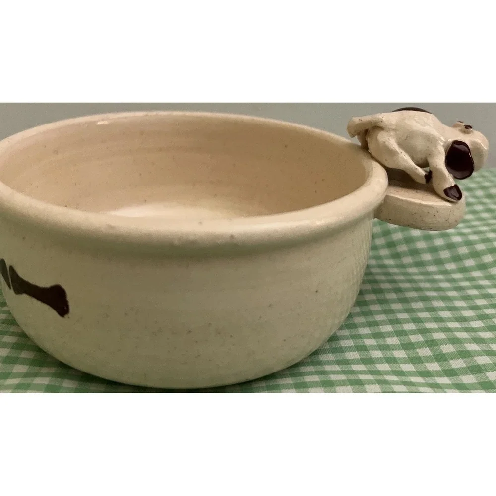 Sm Dog‎ Food Water Bowl White Dog Brown Spots Glazed Studio Pottery Signed 5